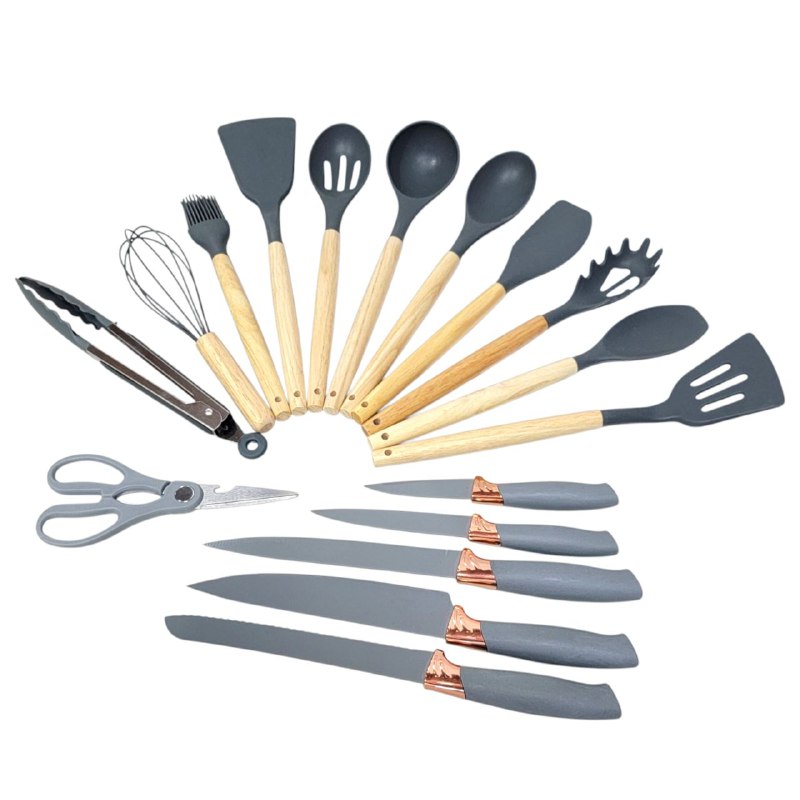 JUEGO DE CUCHILLOS DE COCINA, UTENSILIOS DE COCINA, CUCHARAS DE 18 PIEZAS, DE SILICONA CON SOPORTE DE PLASTICO, AGARRE COMODO, LIGUERO Y PRACTICO, AFILADO Y DURADERO 3 COLORES KITCHENWARE