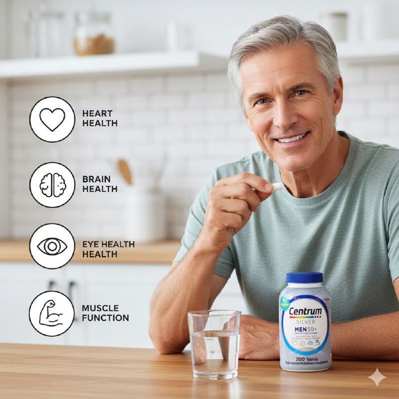 VITAMINAS EN TABLETAS MULTIVITAMINICAS PARA HOMBRES DE 50+ PARA LA SALUD DEL CORAZON, CEREBRO, OJOS, ETC CENTRUM 200UND