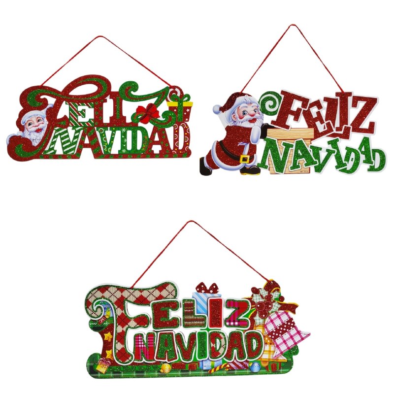 DECORACION ADORNO NAVIDEÑO CARTEL COLGANTE ALEGRE FESTIVO 29X41CM, 3 ESTILOS