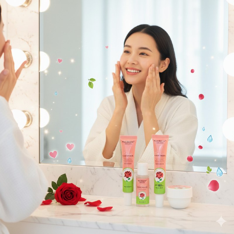 SET FACIAL DE VIAJE DE SUERO DE ROSA LIMPIADOR FACIAL 30ML, TONICO 25ML, CREMA 35ML, PROTECTOR SOLAR 30ML KISS BEAUTY