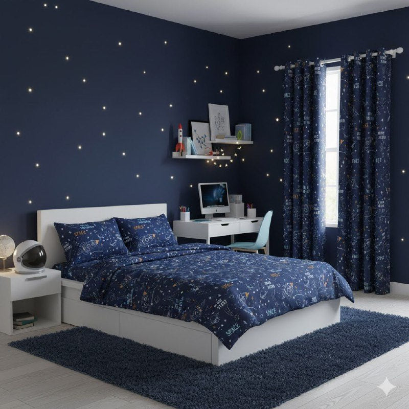 JUEGO DE SABANAS MATRIMONIAL EN SET CON CORTINAS PARA NIÑOS DE 6 PIEZAS ESPACIAL BENELI HOME