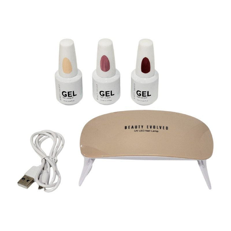 ESMALTE DE UÑAS EN SET DE 4 PIEZAS GEL PRO, 3 ESMALTES DE GEL Y LAMPARA UV LED BEAUTY EVOLVED