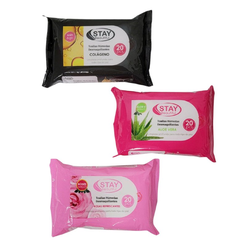 TOALLITAS DESMAQUILLANTES HUMEDAS EN TRIO DE LIMPIEZA PROFUNDA,TODO TIPO DE PIEL, ROSA, ALOE VERA Y COLAGENO STAY BEAUTIFUL 20UNDX3