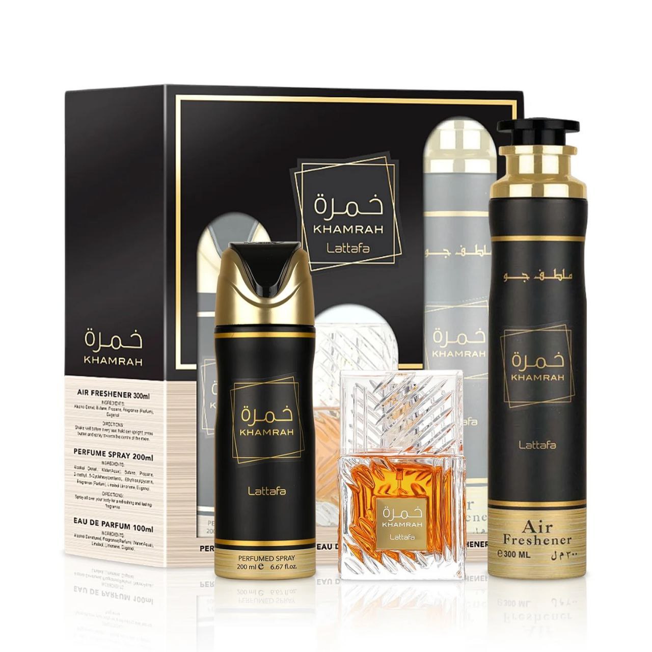 SET LATTAFA KHAMRAH EDP 100ML, AMBIENTAL PERFUMADO 300ML, BODY SPRAY 200ML (U)