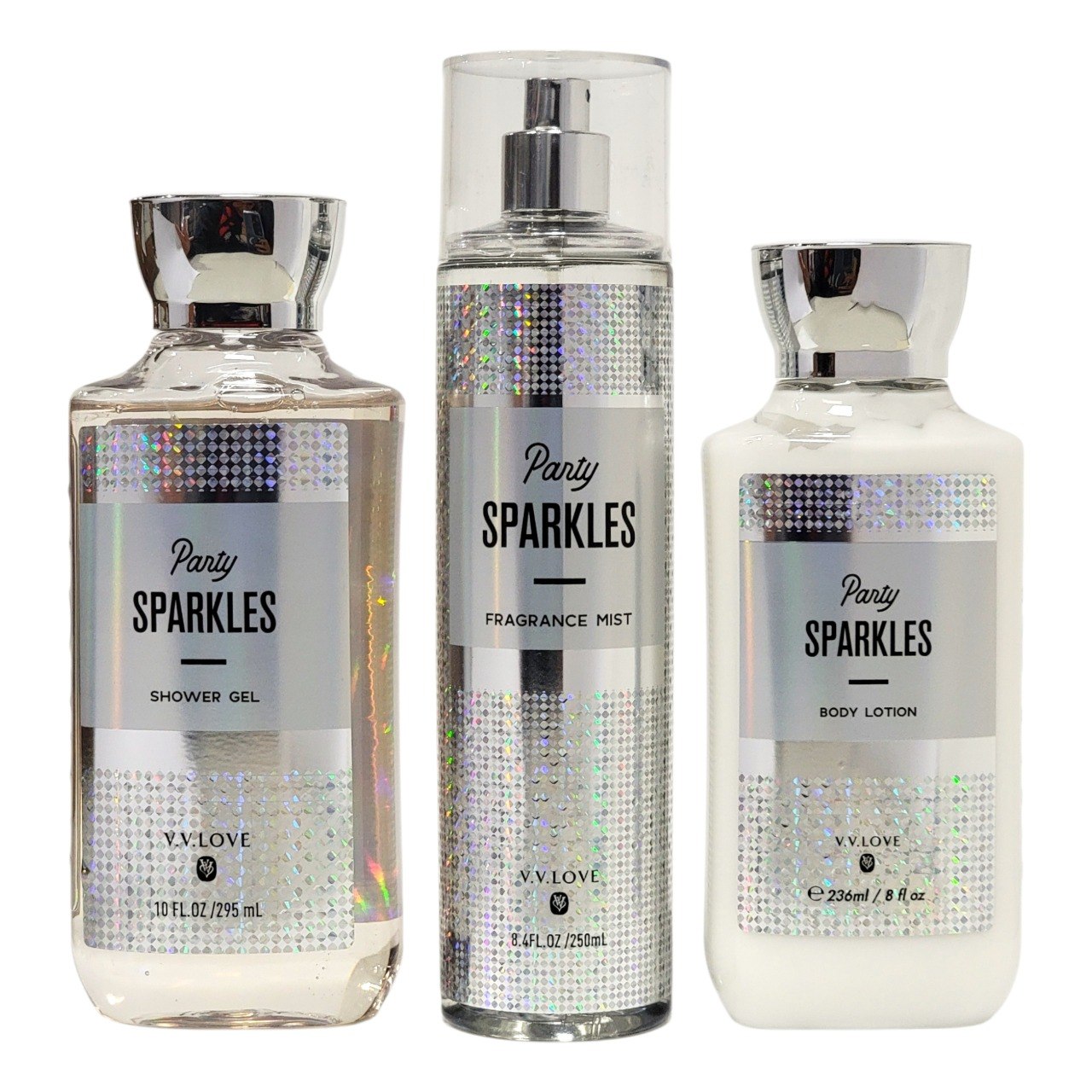SET DE SPLASH, GEL DE DUCHA Y CREMA CORPORAL PARTY SPARKLES V.V. LOVE (DUPE DE PLATINUM BATH & BODY WORKS)