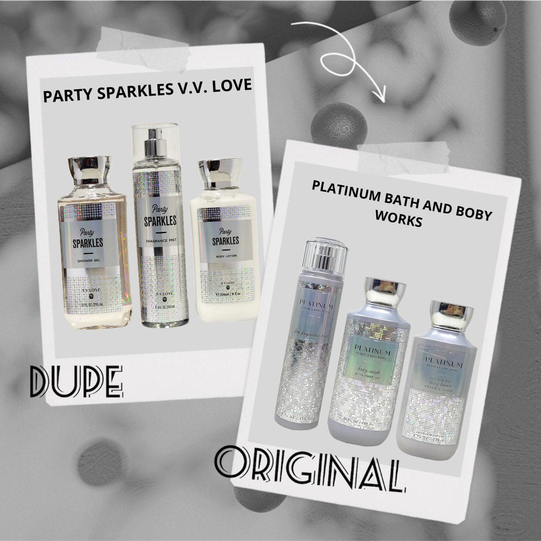 SET DE SPLASH, GEL DE DUCHA Y CREMA CORPORAL PARTY SPARKLES V.V. LOVE (DUPE DE PLATINUM BATH & BODY WORKS)