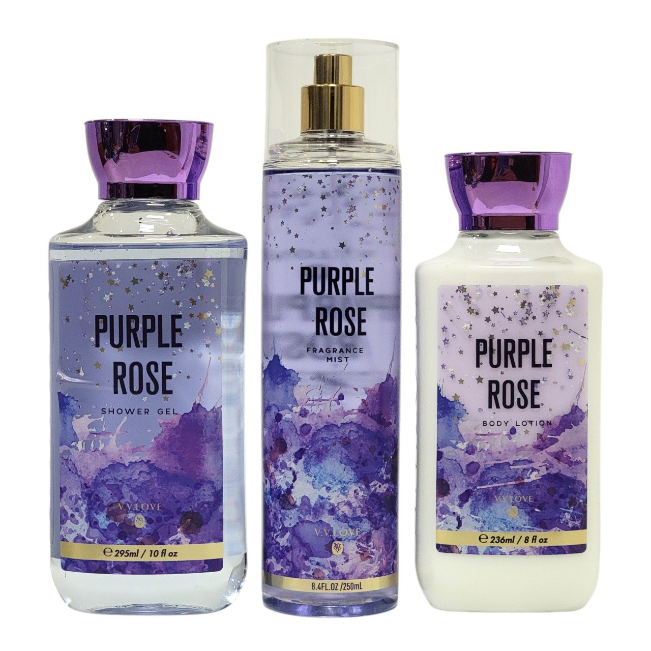SET DE SPLASH, GEL DE DUCHA Y CREMA CORPORAL PURPLE ROSE V.V. LOVE (DUPE DE FRESH CUT LILACS BATH & BODY WORKS)