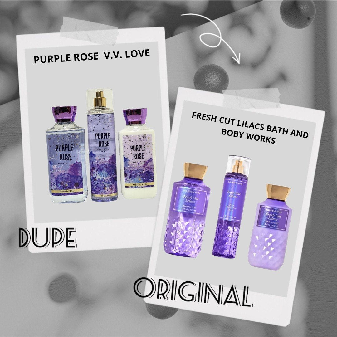 SET DE SPLASH, GEL DE DUCHA Y CREMA CORPORAL PURPLE ROSE V.V. LOVE (DUPE DE FRESH CUT LILACS BATH & BODY WORKS)