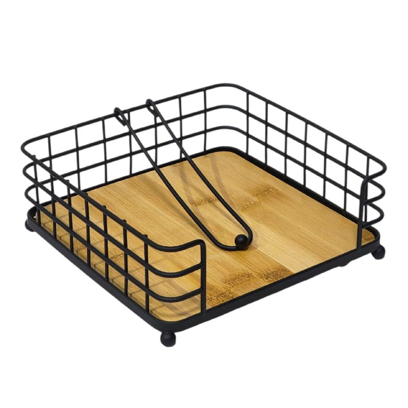 SERVILLETERO DE METAL NEGRO MATE CON BASE DE BAMBU MINIMALISTA LOTUS