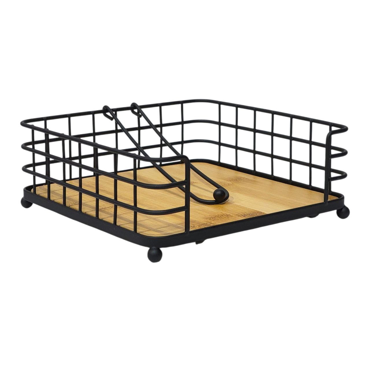 SERVILLETERO DE METAL NEGRO MATE CON BASE DE BAMBU MINIMALISTA LOTUS