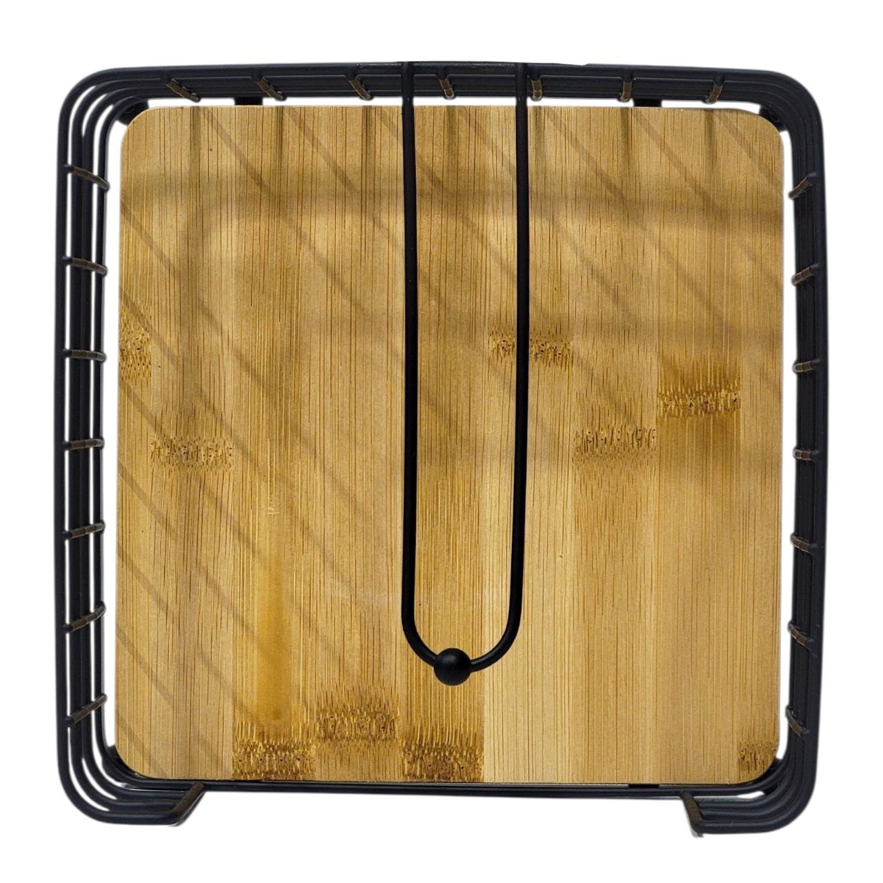 SERVILLETERO DE METAL NEGRO MATE CON BASE DE BAMBU MINIMALISTA LOTUS