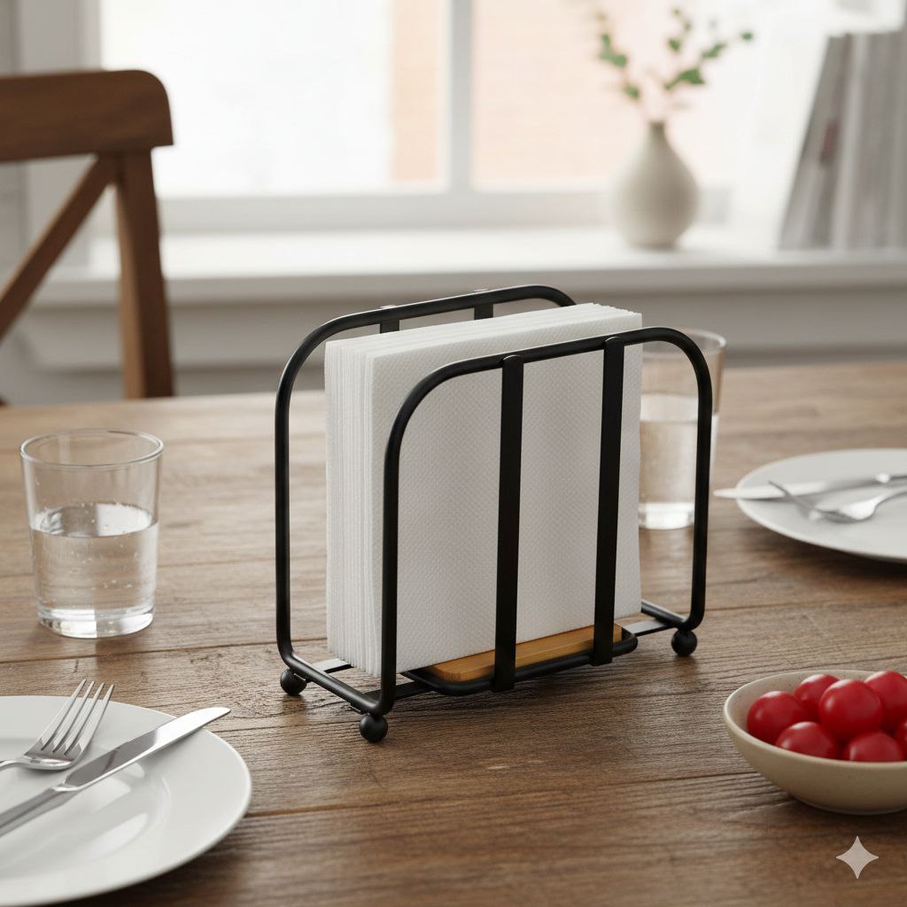 SERVILLETERO DE METAL NEGRO MATE CON BASE DE BAMBU MINIMALISTA LOTUS