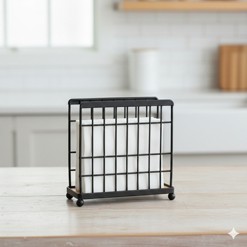 SERVILLETERO DE METAL NEGRO MATE CON BASE DE BAMBU MINIMALISTA LOTUS 6X13X13CM