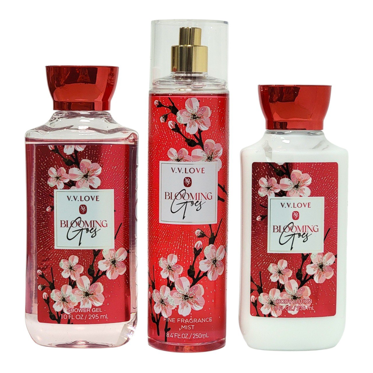 SET DE SPLASH, GEL DE DUCHA Y CREMA CORPORAL BLOOMING V.V. LOVE (DUPE DE JAPANESE CHERRY BLOSSOM BATH & BODY WORKS)