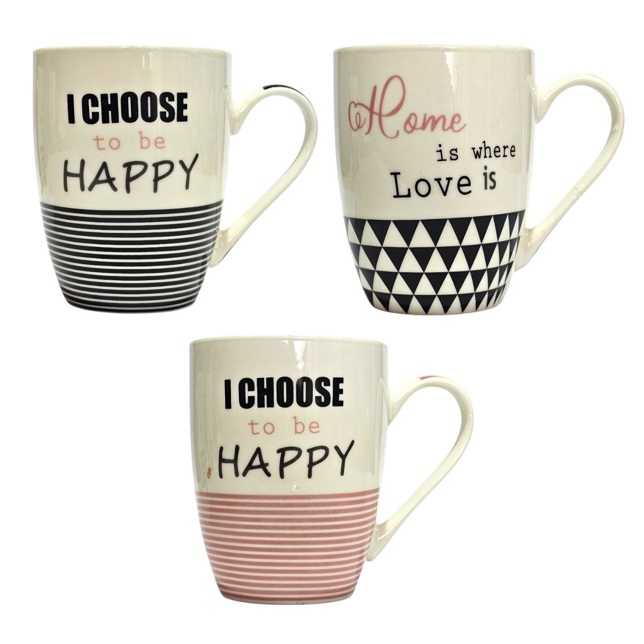 TAZAS DISEÑO ALEGRE EN BLANCO, ROSA Y NEGRO 9CM