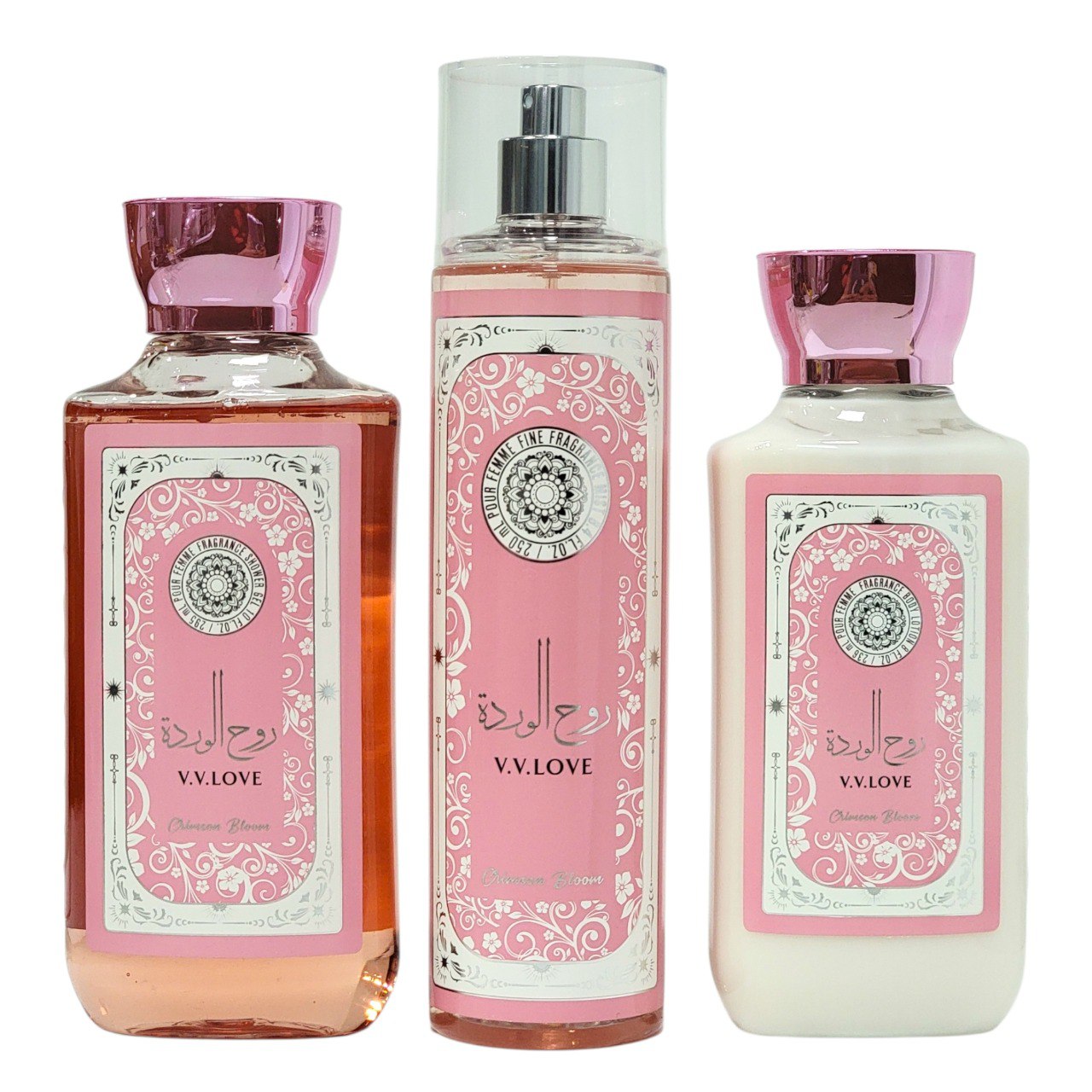 SET DE SPLASH, GEL DE DUCHA Y CREMA CORPORAL ARABE CRIMSON BLOOM V.V. LOVE (DUPE DE YARA LATTAFA)