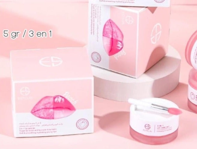 MASCARILLA HIDRATANTE PARA LABIOS EN SET 3 EN 1 BALSAMO HIDRATANTE MELOCOTON, AZUCAR Y VASELINA ESTELIN 5G