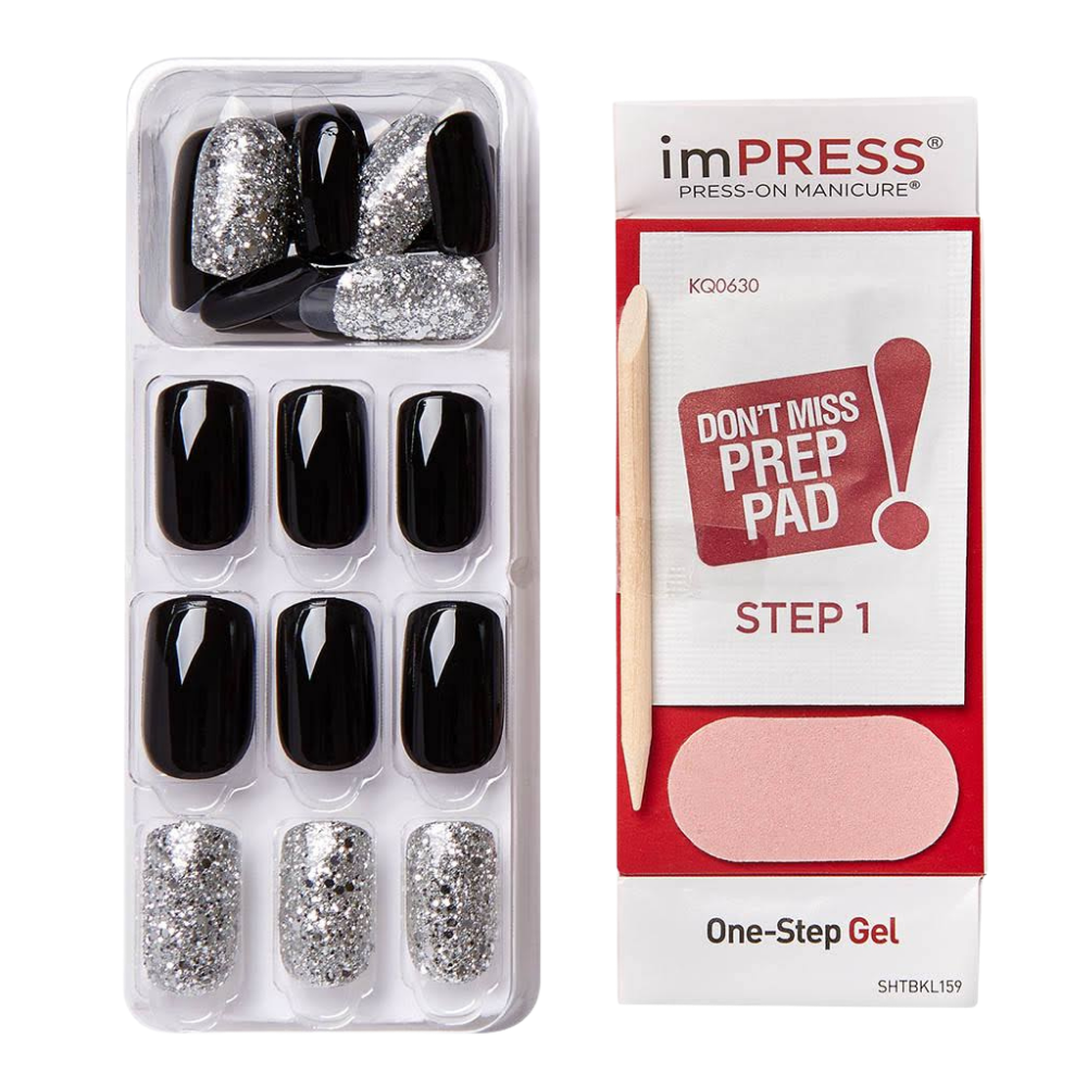 UÑAS PRESS ON imPRESS, COLOR NEGRO Y PLATEADO