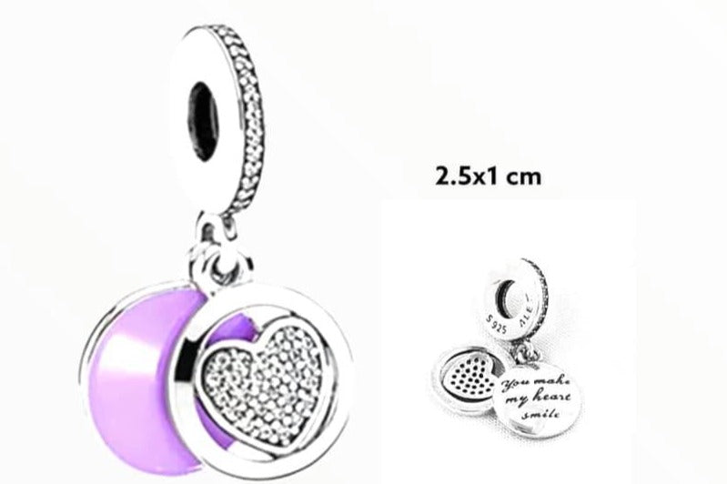 PCHARM2400 COLGANTE DOBLE FONDO MORADO Y CORAZON CON MENSAJE (ME ENCANTA ESCUCHARTE REIR)