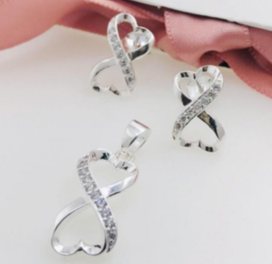 PSET1467 SET INFINITO CORAZON  CON ZIRCONIA BLANCO PLATA 9.25