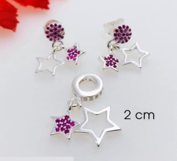 PSET1614 SET CHARM ESTRELLA CON ZIRCONIA FUSHIA PLATA 9.25