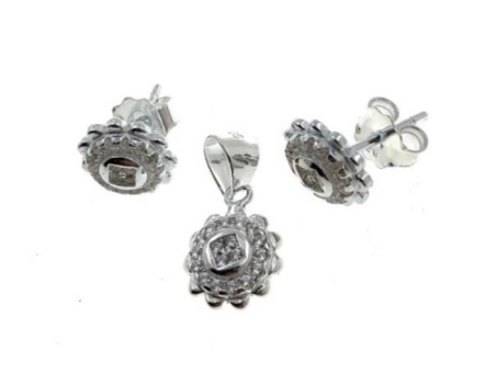 PSET2059 SET FLOR ROSA CON ZIRCONIA BLANCO PLATA 9.25