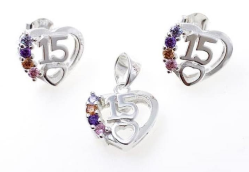 PSET2257 SET 15 AÑOS CORAZON CON ZIRCONIA MULTICOLOR PLATA 9.25