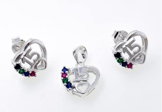 PSET2259 SET CORAZON 15 AÑOS CON ZIRCONIA MULTICOLOR PLATA 9.25