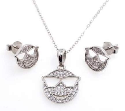 PSET2281 SET EMOJI CON LENTES  CON ZIRCONIA BLANCO PLATA 9.25