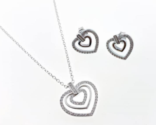 PSET2389 SET CORAZON CON ZIRCONIA BLANCO PLATA 9.25