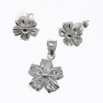 PSET2429 SET FLOR Y ROSA  CON ZIRCONIA BLANCO PLATA 9.25