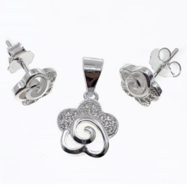 PSET2444 SET FLOR ROSA  CON ZIRCONIA BLANCO PLATA 9.25