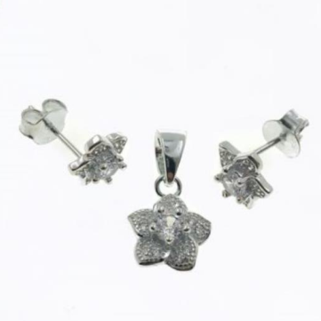 PSET2453 SET FLOR ROSA CON ZIRCONIA BLANCO PLATA 9.25