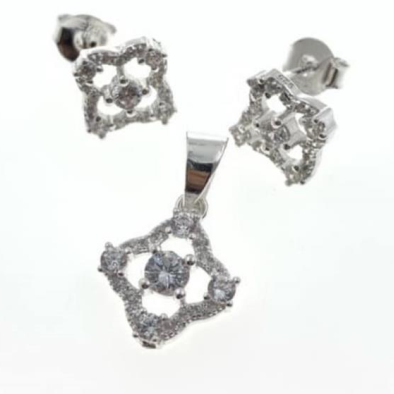 PSET2463 SET FLOR ROSA CON ZIRCONIA BLANCO PLATA 9.25