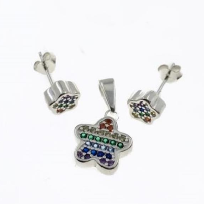 PSET2469 SET FLOR ROSA  ESTRELLA CON ZIRCONIA MULTICOLOR  PLATA 9.25