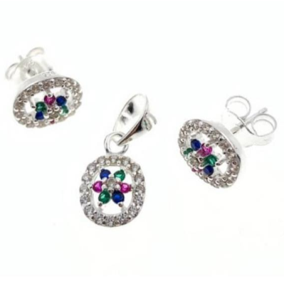 PSET2474 SET FLOR ROSA ESTRELLA  CON ZIRCONIA BLANCO  Y MULTICOLOR PLATA 9.25