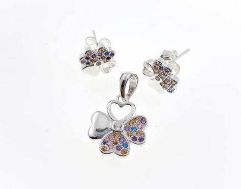 PSET2480 SET FLOR ROSA CON ZIRCONIA MULTICOLOR PLATA 9.25