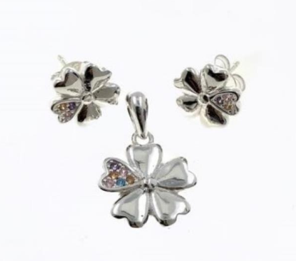 PSET2482 SET FLOR ROSA CON ZIRCONIA MULTICOLOR PLATA 9.25