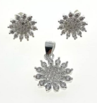 PSET2492 SET FLOR ROSA CON ZIRCONIA BLANCO PLATA 9.25