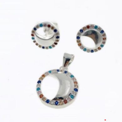 PSET2495 SET REDONDO CON ZIRCONIA MULTICOLOR BLANCO PLATA 9.25