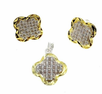 PSET2497 SET FLOR ROSA VAN CLEEF ORO Y PLATA CON ZIRCONIA BLANCO PLATA 9.25
