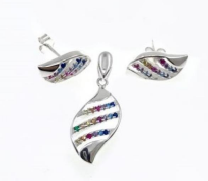 PSET2499 SET HOJA CON ZIRCONIA MULTICOLOR  PLATA 9.25