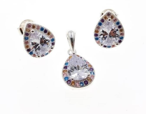 PSET2533 SET GOTA CON ZIRCONIA BLANCO MULTICOLOR PLATA 9.25