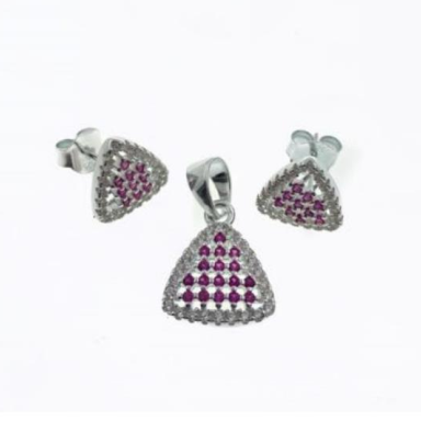 PSET2554 SET TRIANGULO CON ZIRCONIA BLANCO  Y FUSHIA PLATA 9.25