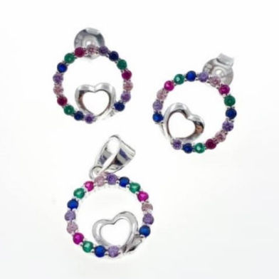 PSET2562 SET REDONDO CON CORAZON CON ZIRCONIA MULTICOLOR  PLATA 9.25