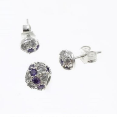 PSET2577 SET CHARM REDONDO CON ZIRCONIA BLANCO  CON MORADO PLATA 9.25