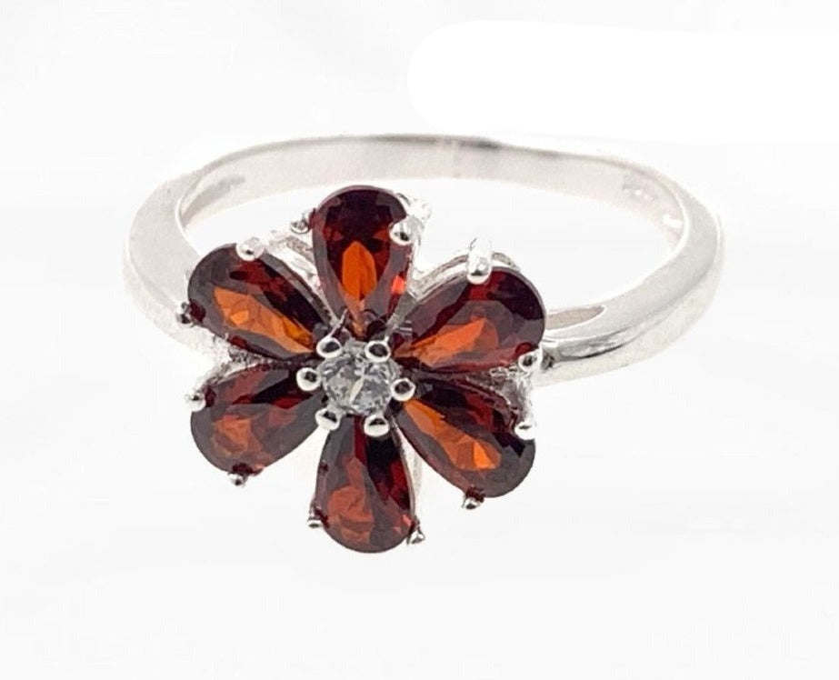 PANI1206 ANILLO DE FLOR CON PIEDRAS ROJAS, PLATA 925