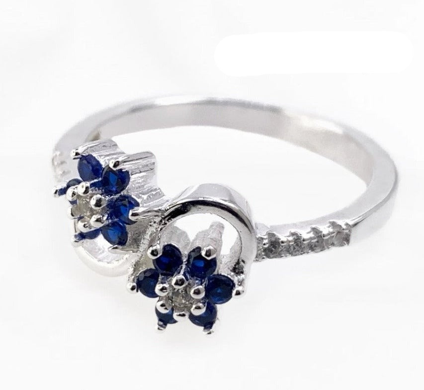 PANI1273 ANILLO DE FLORES CON PIEDRAS AZULES, PLATA 925