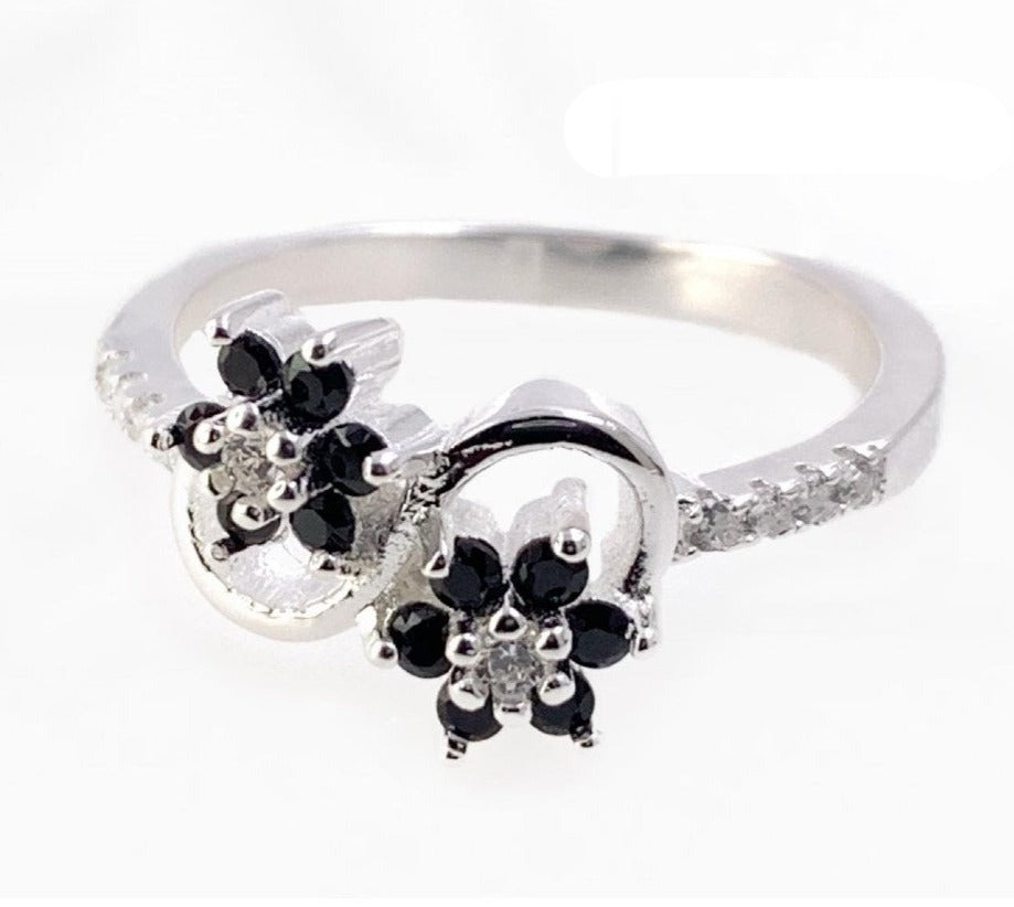 PANI1274 ANILLO DE FLORES CON PIEDRAS NEGRAS, PLATA 925