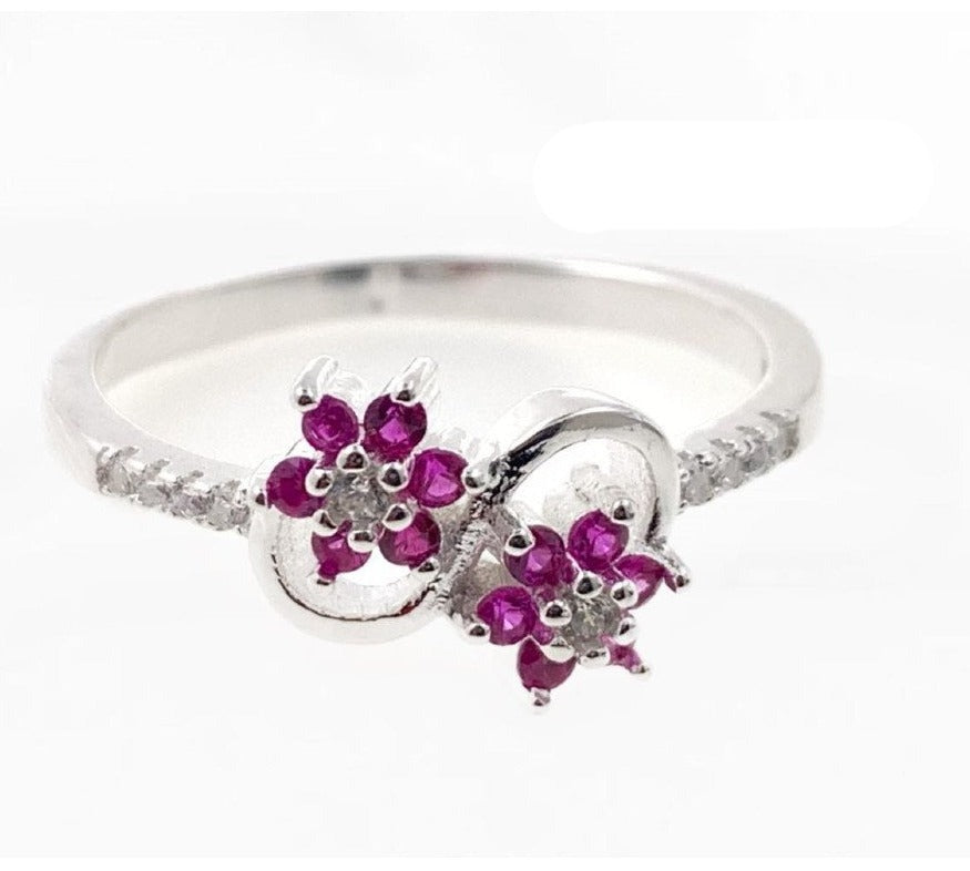 PANI1284 ANILLO DE FLORES CON CIRCONES FUCSIAS, PLATA 925